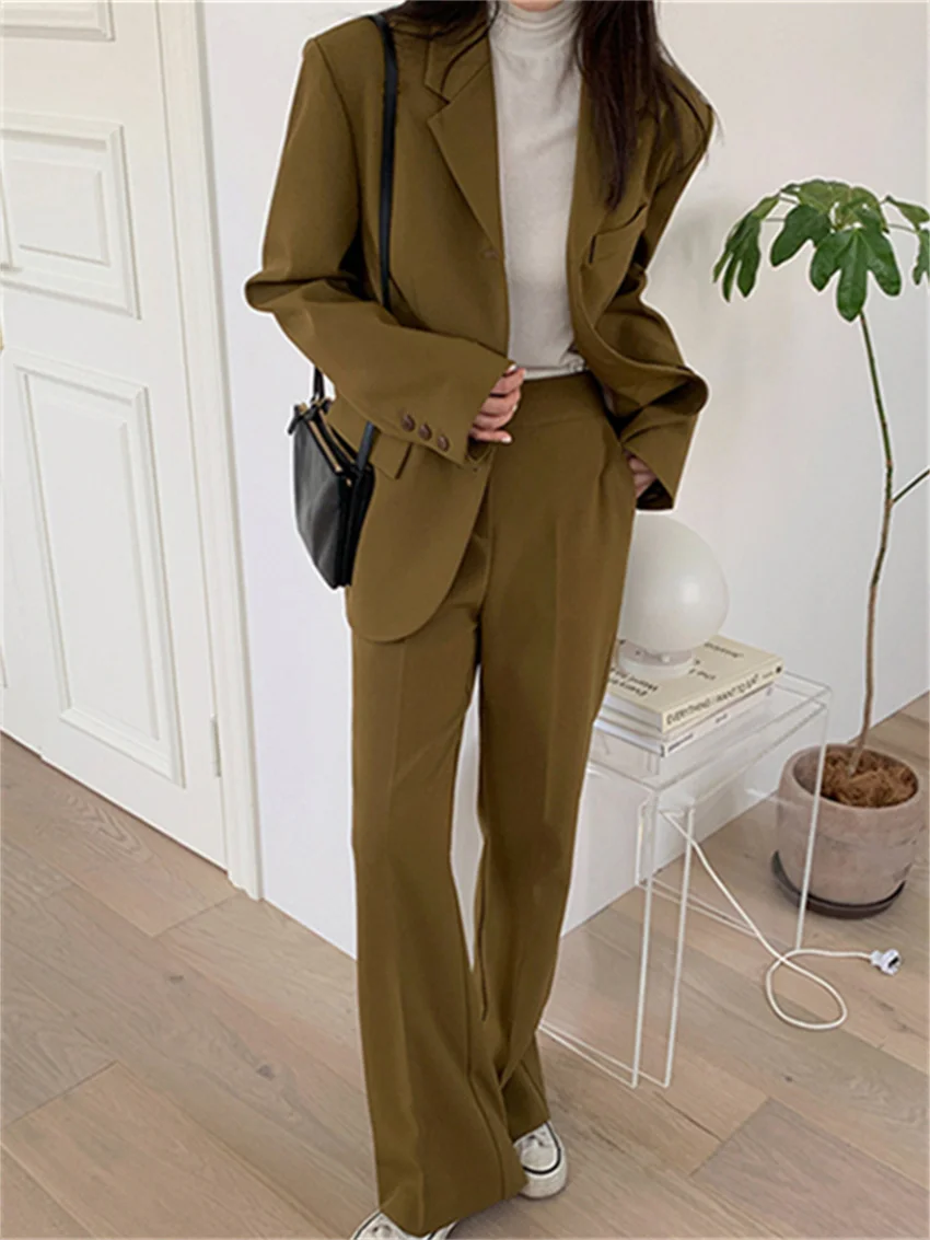 

HziriP Casual Formal Women Sets Fashion Chic Winter Vintage Loose New Blazers 2022 Solid Streetwear Office Wear Pants Suits