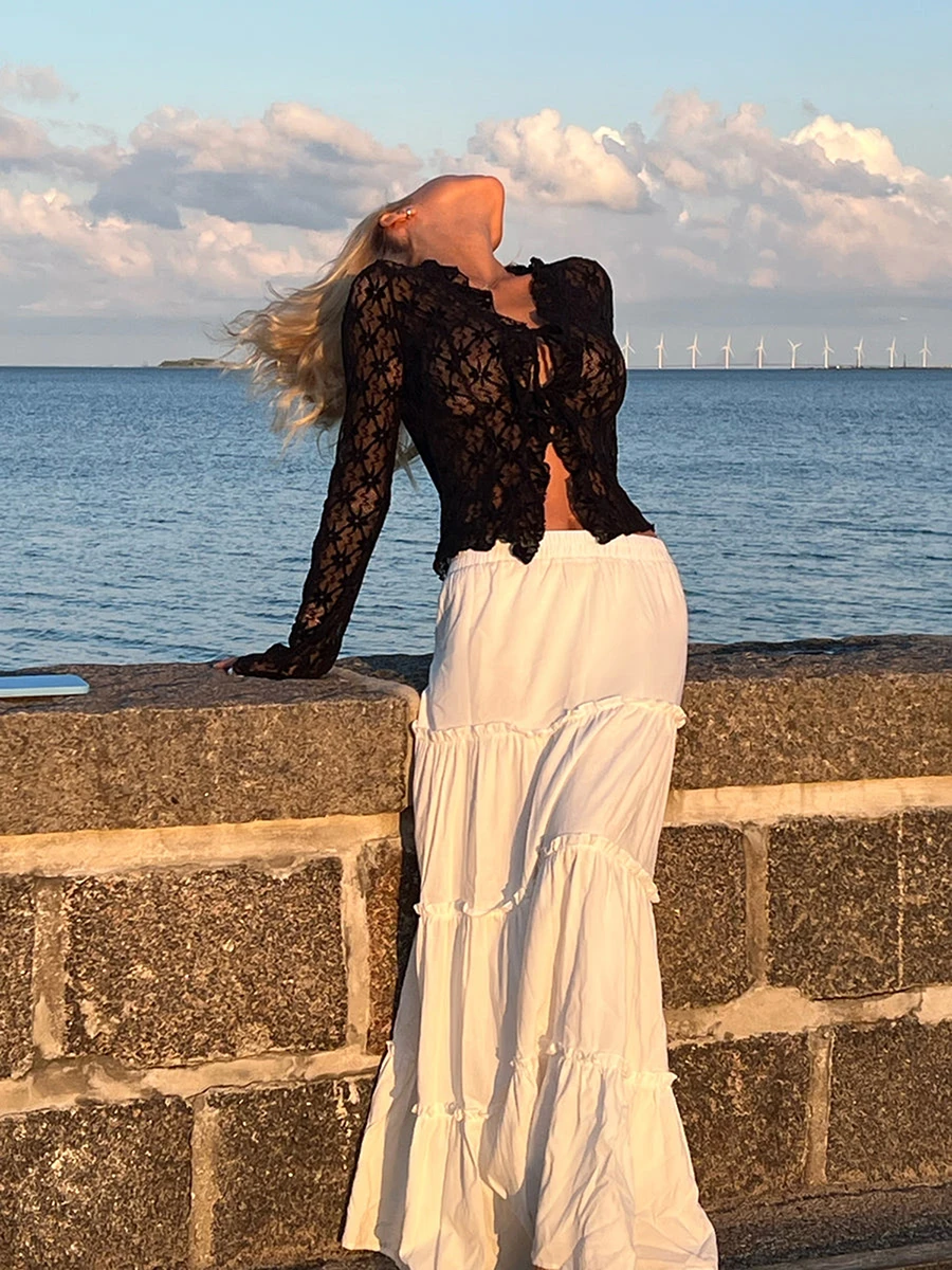 Осенняя женская блузка кружевные топы с цветочным принтом расклешенные длинными