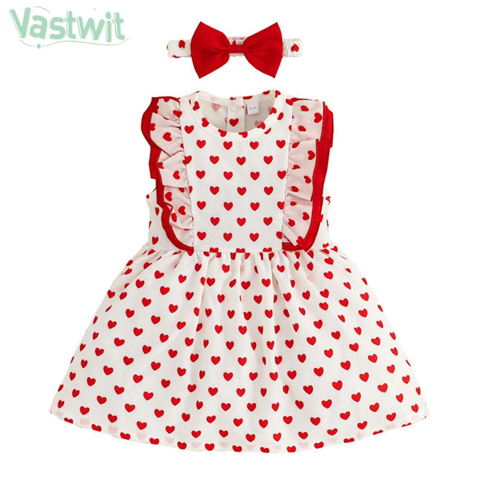 

Infant Girls Casual Cute Tutu Dress Sleeveless Ruffle Lovely Dresses with Bowknot Headband for Valentine's Day Birthday Party