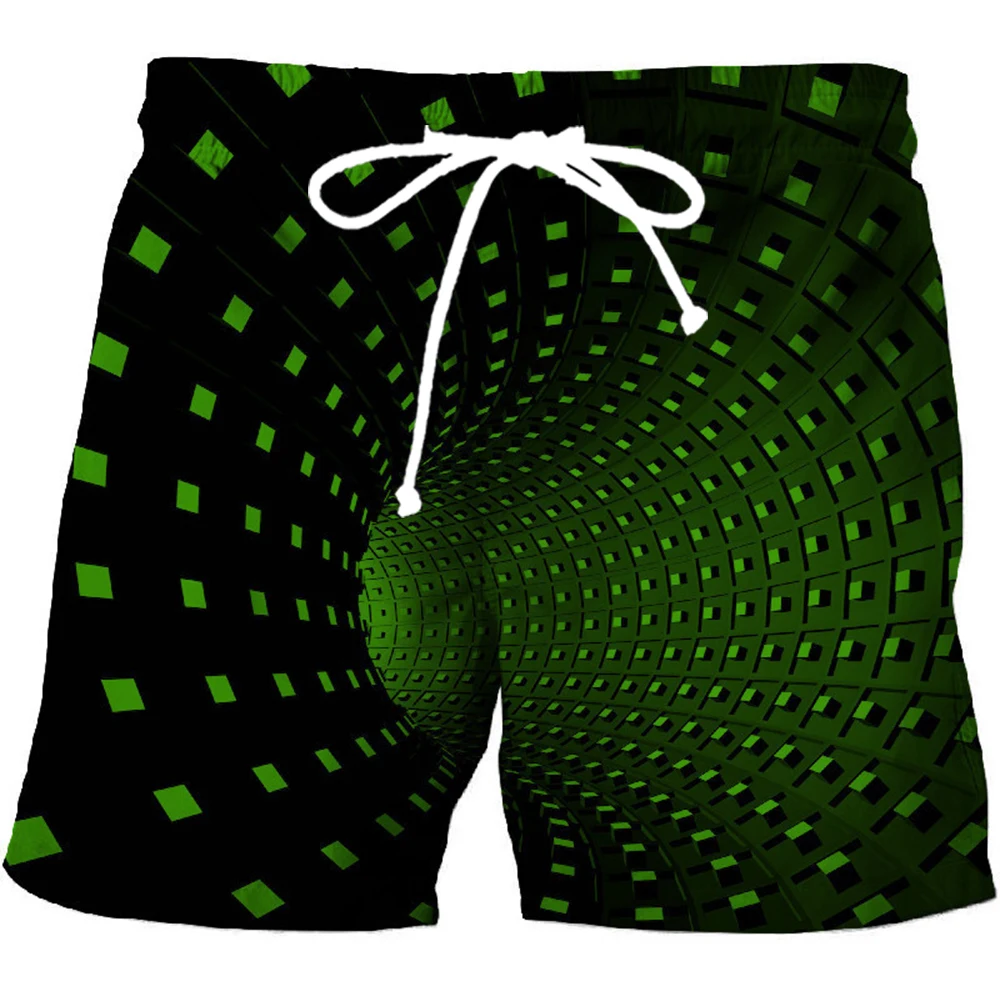 

Fashion Men's Beach Shorts Boys 3D Printed Plaid Green Vortex Swimsuit Summer Casual Homme Men/Women/Kids Surf Swim Trunks