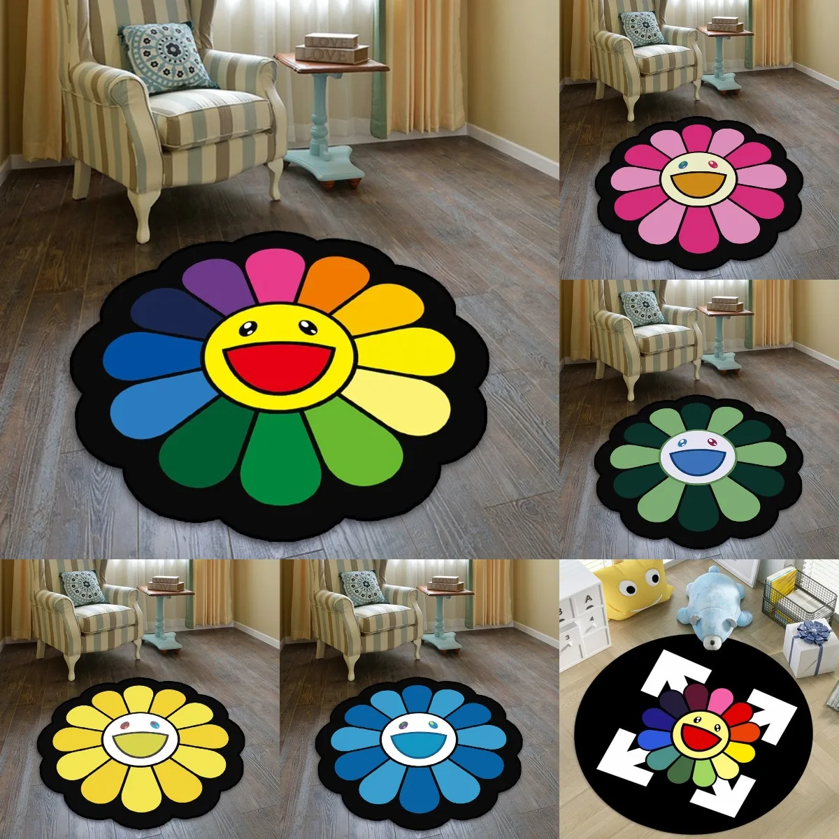 

Sun Flower Smiley Round Carpet for Bedroom Bedside Living Room Area Rug Lint-free Doormat Chair Mats Fashion Floor Mat Anti-skid