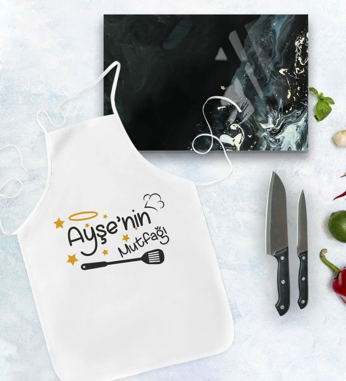 

Персонализированный кухонный фартук и поднос для резки стекла, подарочный набор, Модель 51