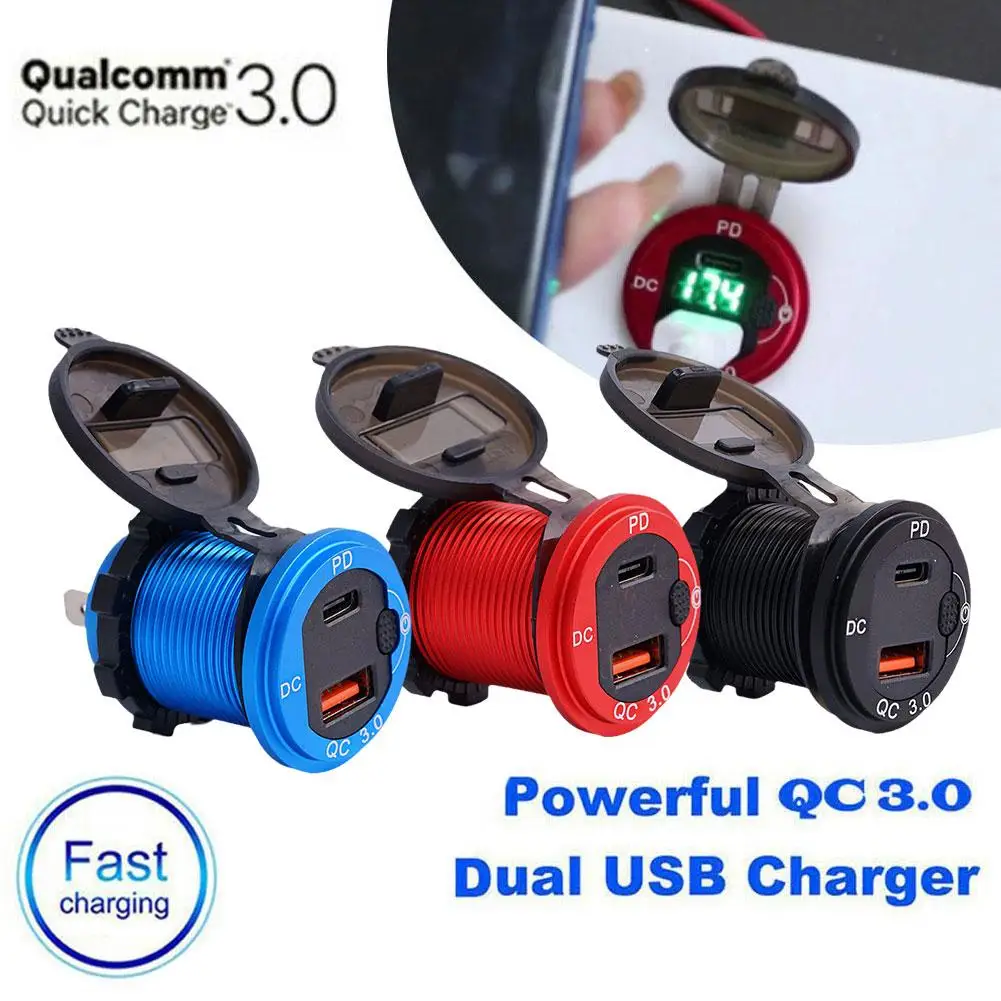 

Waterproof Dual USB Car Charger With Voltmeter And Fast Charging Car Charger Aluminum Alloy QCPD Fast Charge 12-24V General Volt