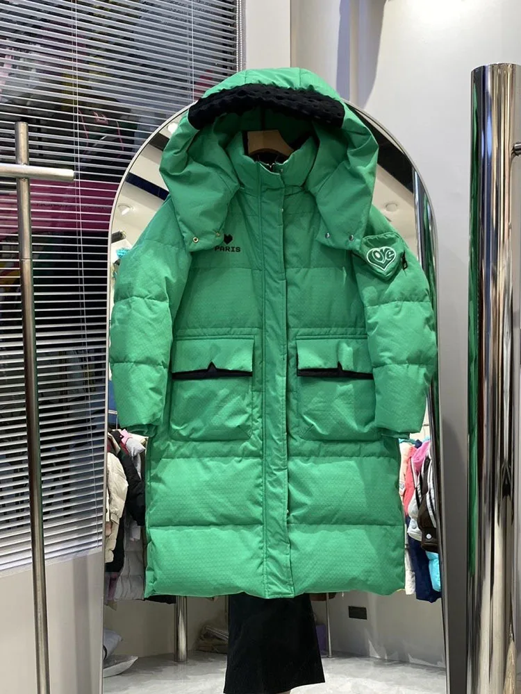 2024 Winter 90% White Duck Down Coat Women Gruba luźna odzież wierzchnia Ciepła kurtka puchowa Parka z kapturem