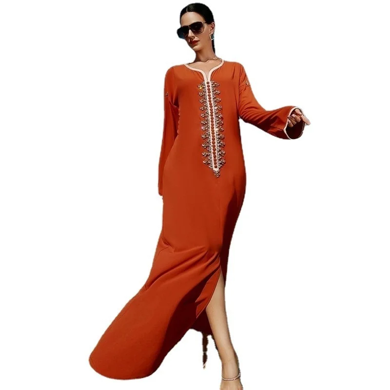 Handsewn Rhinestone Orange Arabic Party Long Dress Moroccan Dubai Saudi Gulf Muslim Caftan Evening Gown Ramadan Eid Abaya Kaftan