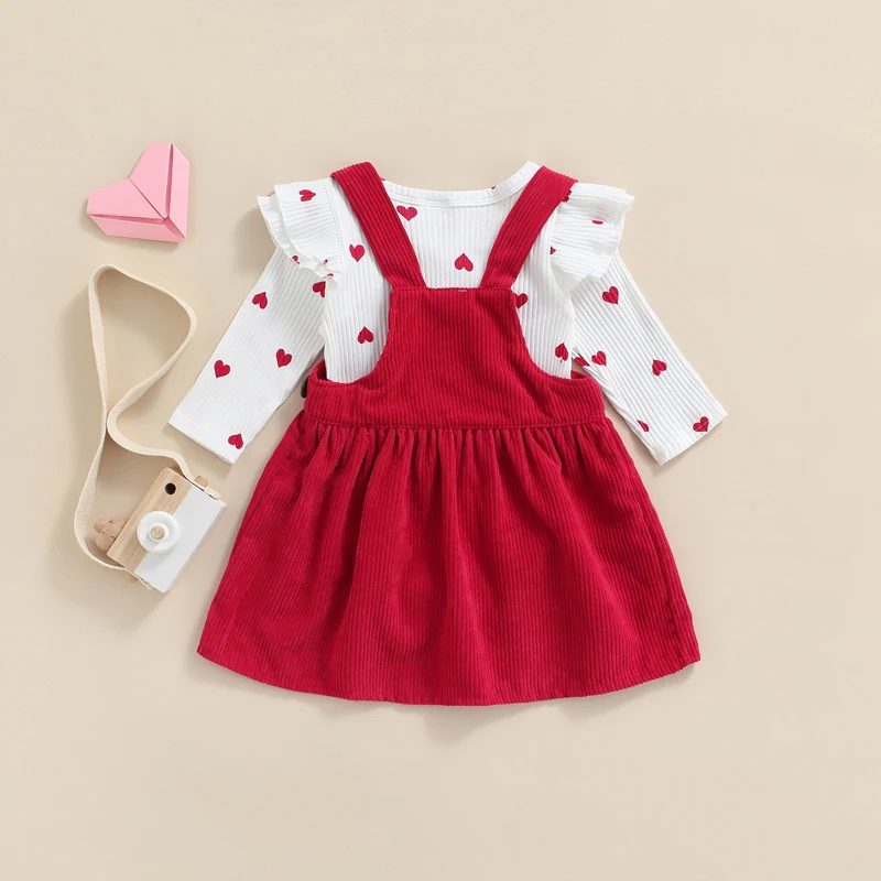 

ZZLBUF Valentine s Day Infant Baby Girls Clothes Sets Long Sleeve Heart Ruffle Romper Corduroy Suspender Skirt 2Pcs Outfits