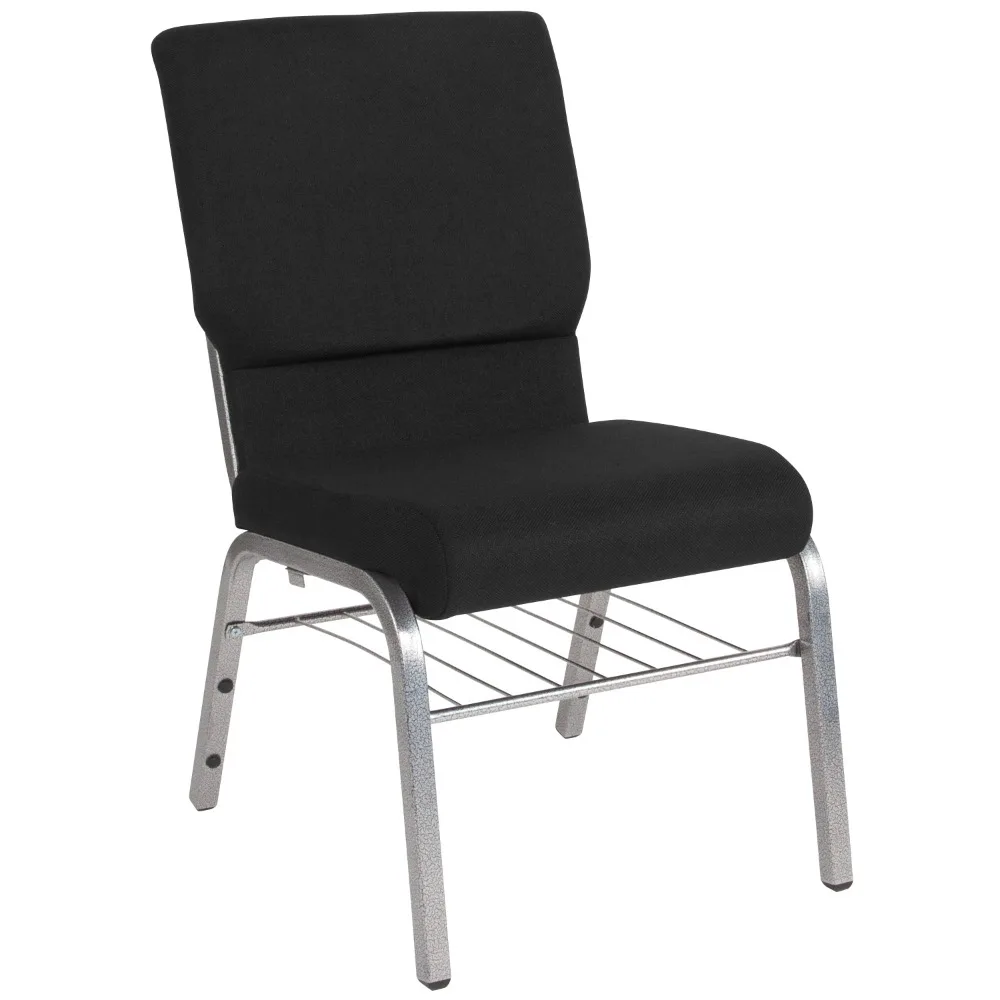 

Series 18.5''W Church Chair in Black Fabric with Book Rack - Silver Vein Frame