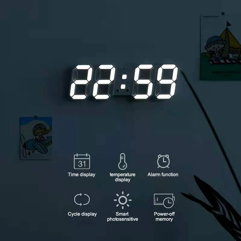

3D LED Digital Alarm Clock Three-dimensional Wall Clock Hanging Watch Table Calendar Thermometer Electronic Clock Furnishings