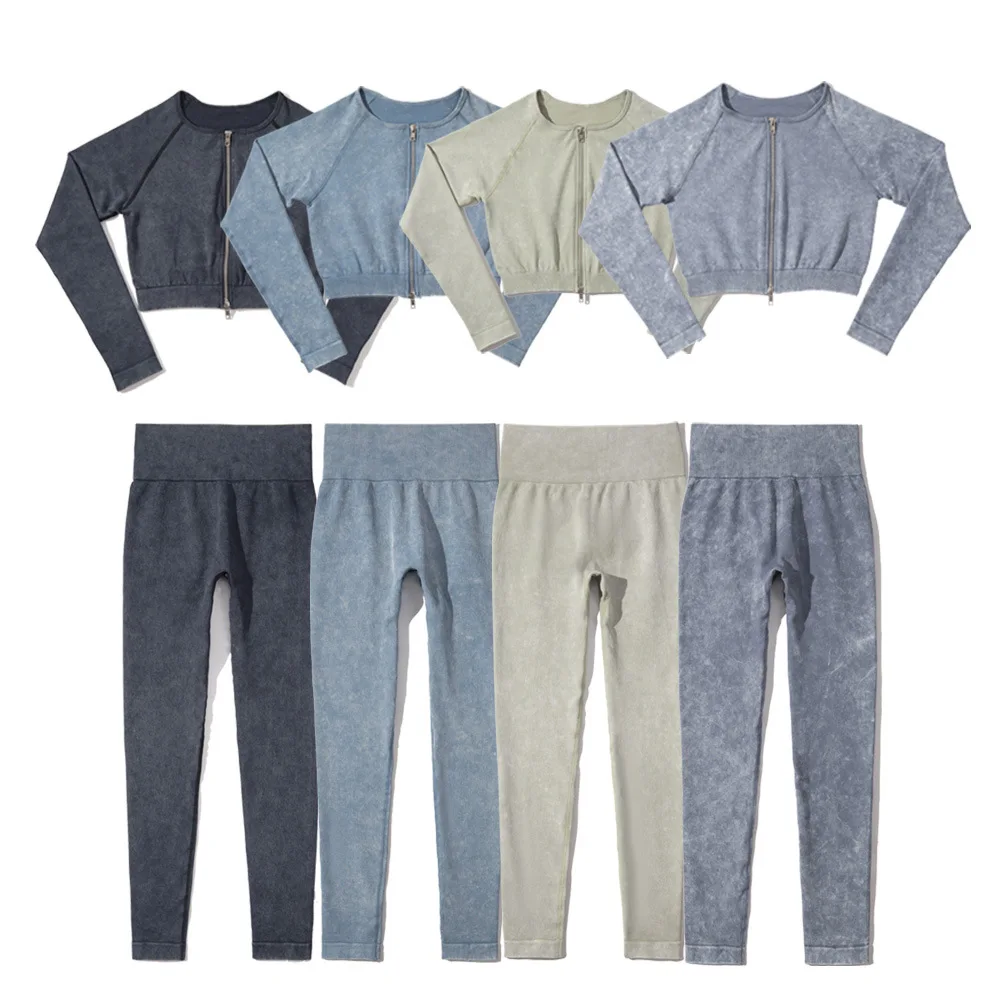 

Stone washed denim seamless knitted yoga clothes for women double zipper long sleeve exercise workout outfit