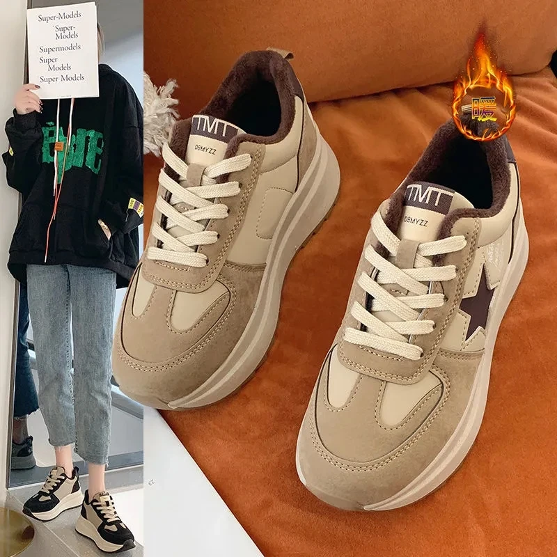 Chic and Elegant Woman Shoes Comfortable Women's Sneaker Winter Velvet Warm Casual Black Luxury Designer Sneakers Loafers Heels