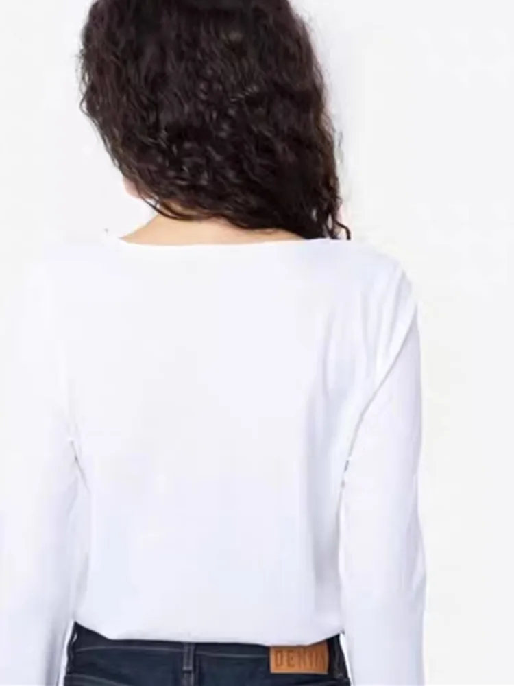 

Женская футболка с вышивкой в виде букв и крыльев, белая футболка из 2023 хлопка с длинным рукавом и V-образным вырезом, на пуговицах, для ранней осени, 100%