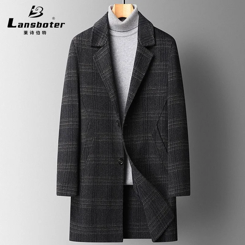 

Autumn and winter new albaca wool double faced en overcoat men's medium long plaid en coat