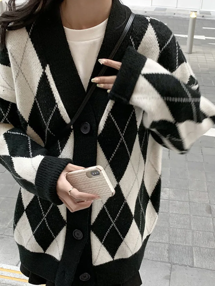 

Sweet Single Breasted Plaid Pink Overcoats Sweater Coat Chic Korean Long Sleeve Casual Cardigans Tops 2022 Autumn Winter G764