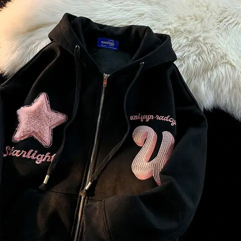 Letter Embroidery Zip Up Hoodie Fashion High Street Hip Hop Star Flocking Hoodies Women Clothing Loose Sweatshirt Clothes Tops