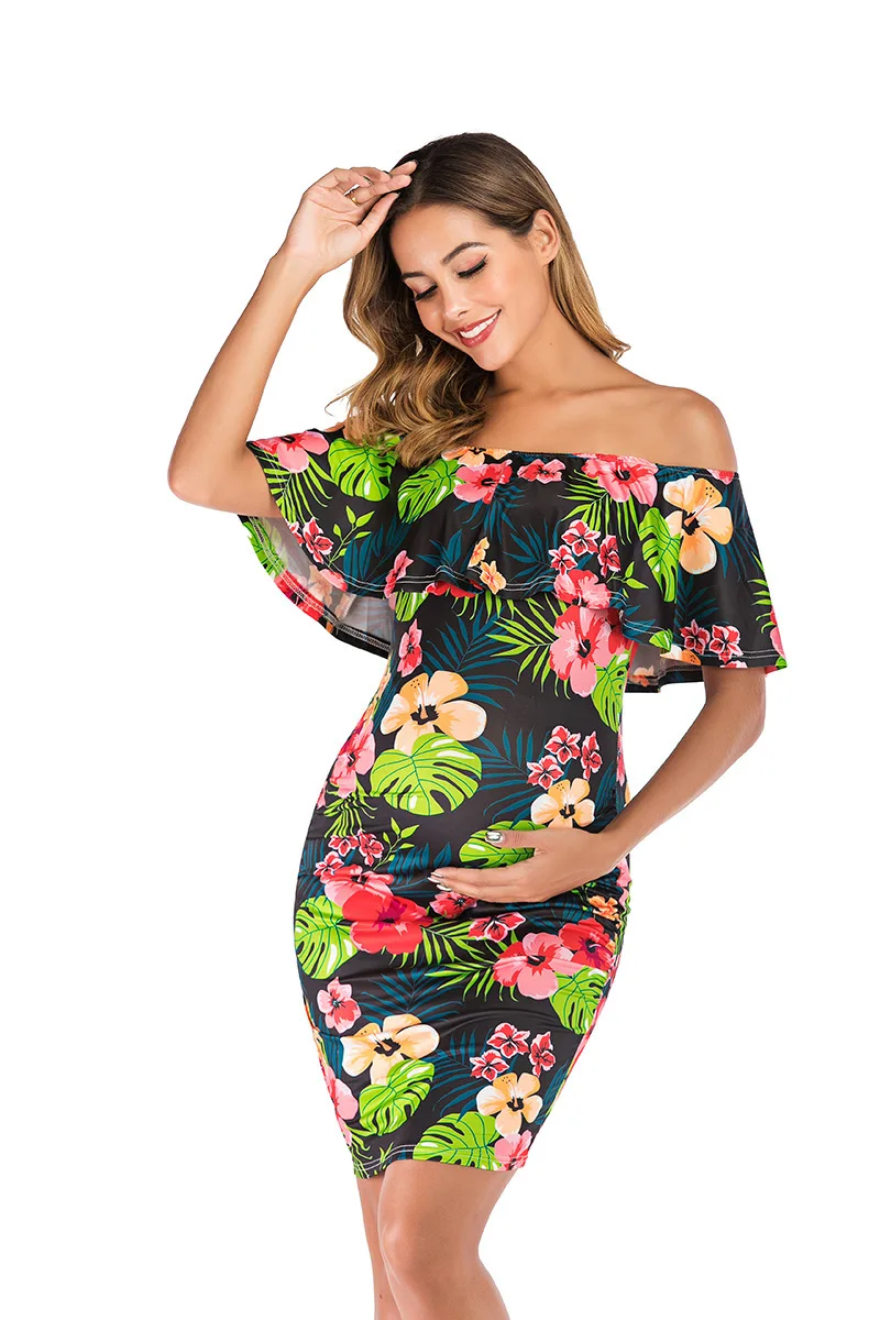 Summer Women's Ruffle Off Shoulder Maternity Dresses Women Elegant Floral Dress Pregnancy Clothes Fitted Bodycon Dress for Photo enlarge