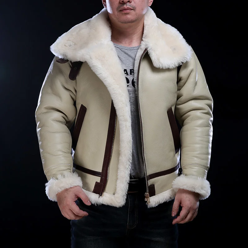 

European Size High Quality Super Warm Genuine Sheep Leather Coat Big B3 Shearling Bomber Military Fur Jacket