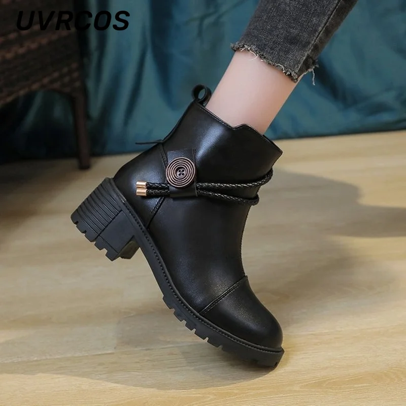 

Thick Sole Ankle Boots New Women Shoes Fashion Round Fall Women Boots Solid Color Black Boots Comfortable Boots Womens Shoes