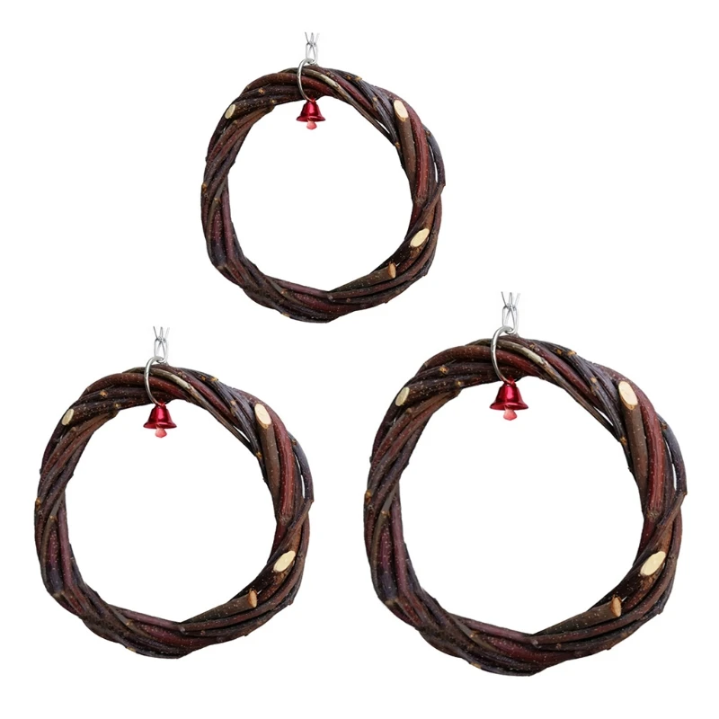

Pet Rattan Hoop Hanging Cage Climb Swing Perches Chew Bite Ring with Bell Toy