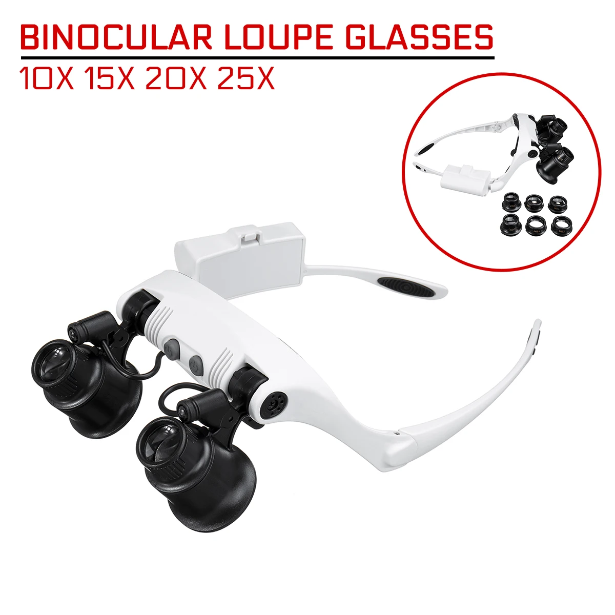 LED Magnifier 10X 15X 20X 25X Double Eye Glasses Loupe Lens Professional Jeweler Watch Repair Measurement with 8 Lens LED Lamp