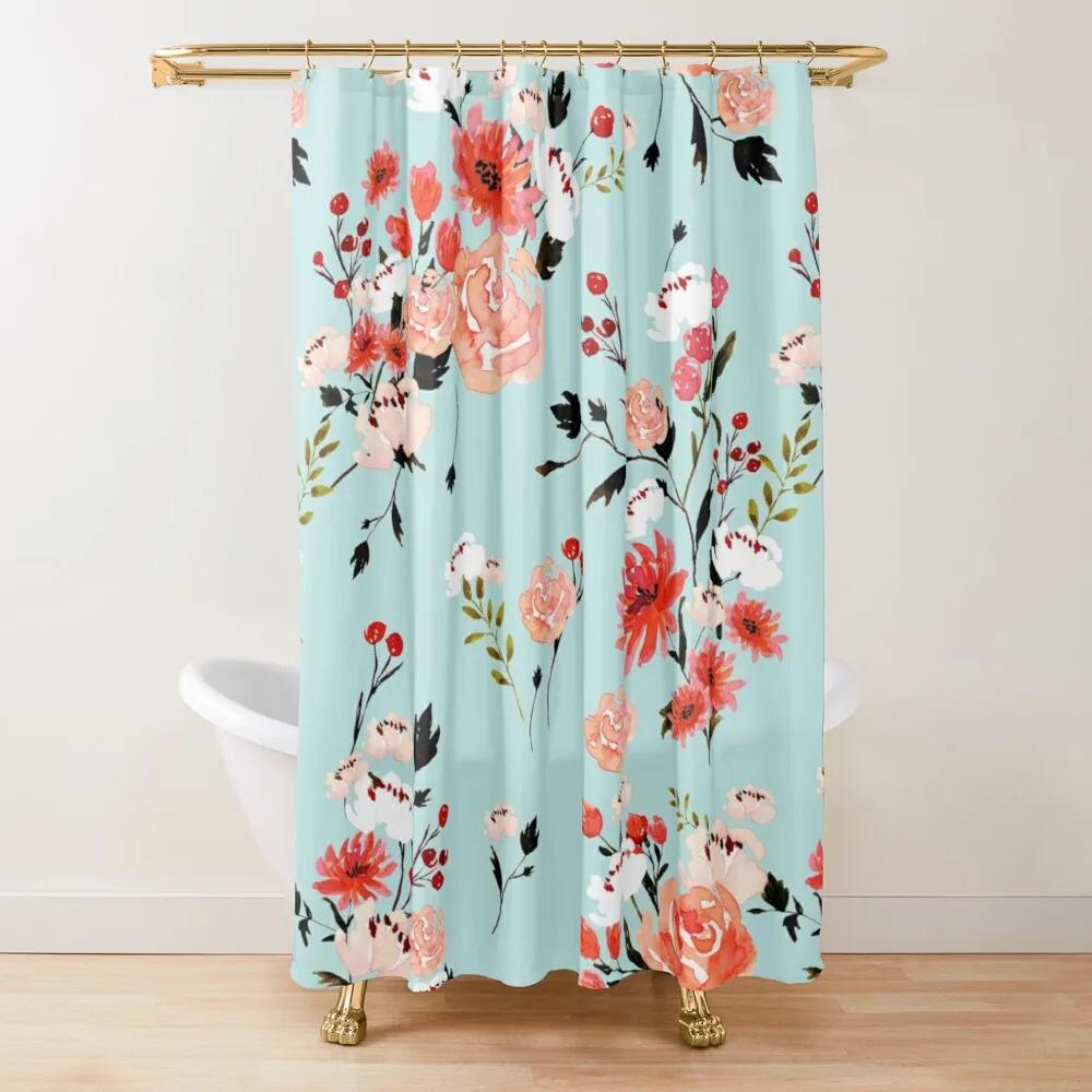 

Watercolor Spring Floral Teal Curtain Room Bestseller Bath Goods Set High Quality Coquelicot Shower Curtains