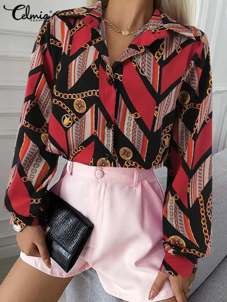 

Celmia Women Vintage Chain Printed Shirts 2022 Lapel Long Sleeve Tunic Fashion Celebrities Streetwear Tops Simple Buttons Blusas