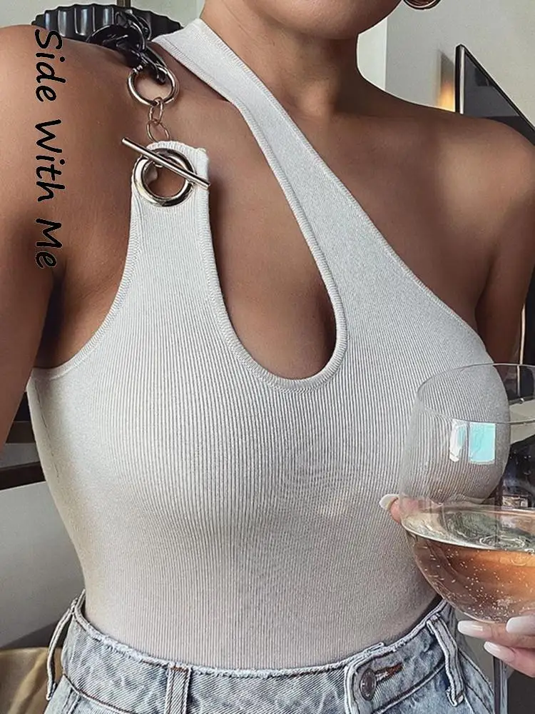 

Side with Me Knitted Cropped Corest Sexy Aesthetic Harajuku Women's Tanks Top 2022 Summer One Shoulder Hollow Out Women Tops