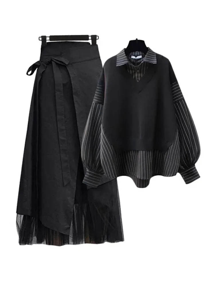 

Women Fake Two Pieces Loose Sweater Two Piece Sets+High Waist All-match Bust Skirt Women's Set Spring Autumn Female 2 Piece Set