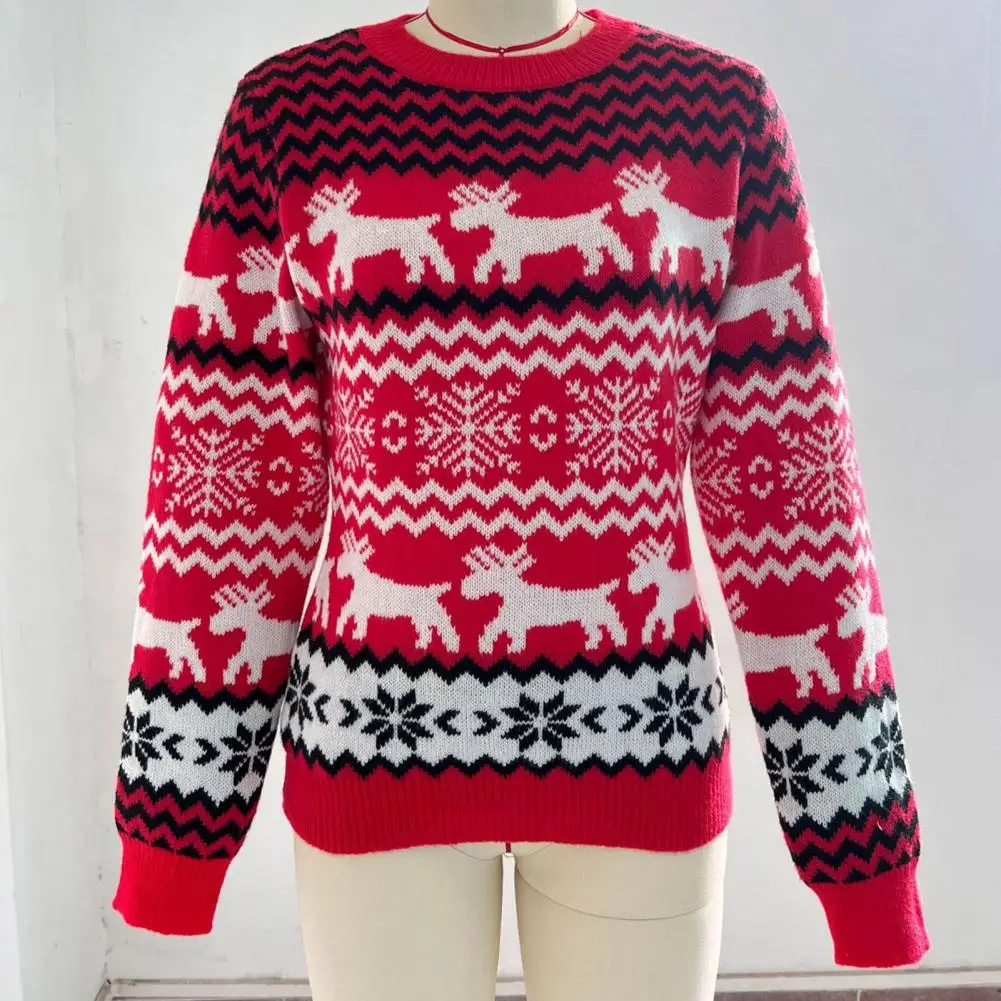 

Loose Fit Sweater Festive Holiday Sweater Vibrant Elk Snowflake Print Cozy Long Sleeve Round Neck for New Year's Couples