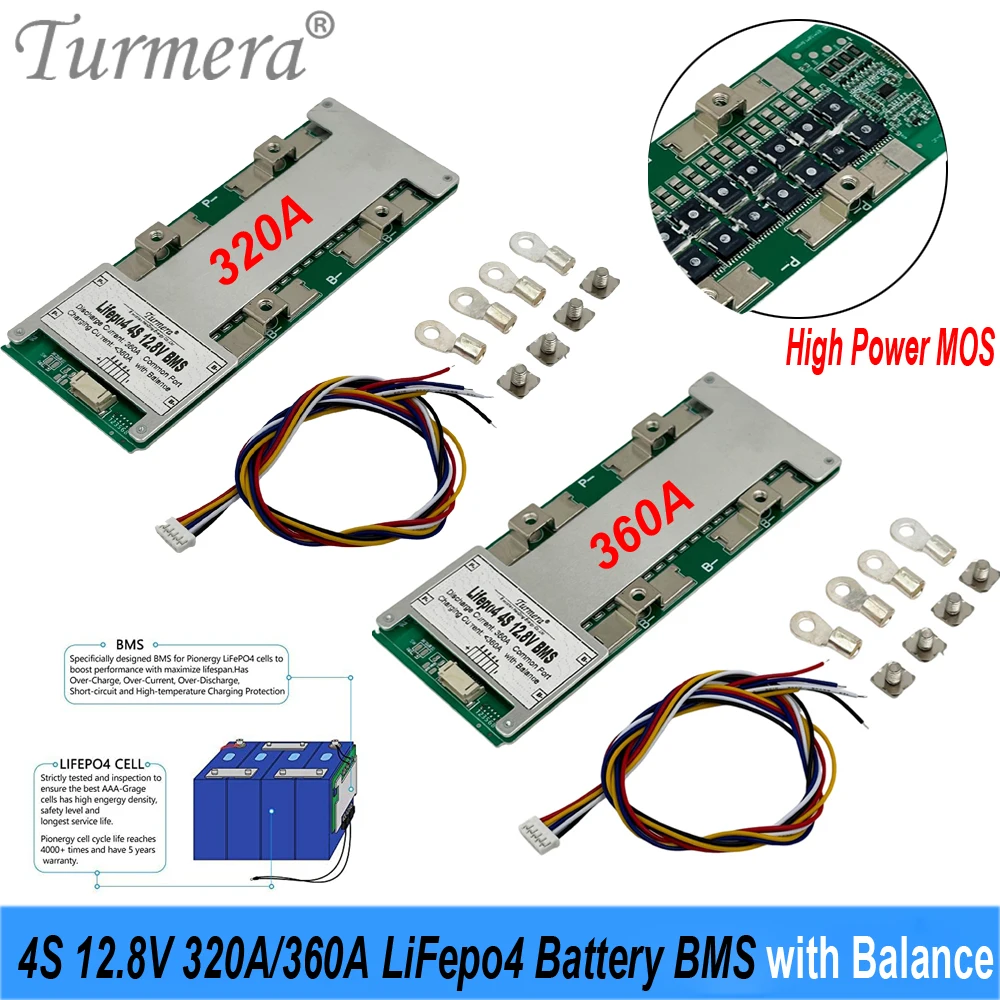 Фото Turmera 4S 12.8V 320A 360A BMS для LiFePO4 аккумуляторов, балансировочная плата для ячеек LiFePO4 3.2V 280Ah 320Ah 360Ah, для DIY 12V солнечных энергетических систем №1