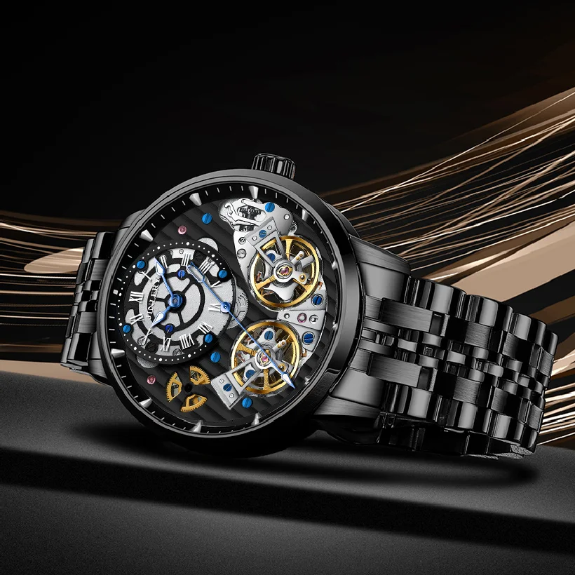

JINLERY Double Flywheel Men's Watch Automatic Mechanical Watch for Men Luxury Steel Strap Wristwatch 2022 New Clocks �ާ�ا�ܧڧ�