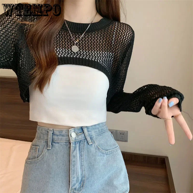 

Hollow Thin Long-sleeved Shirt Women's Summer and Autumn Round Neck Short Knitted Blouse Drop Shipping Wholesale