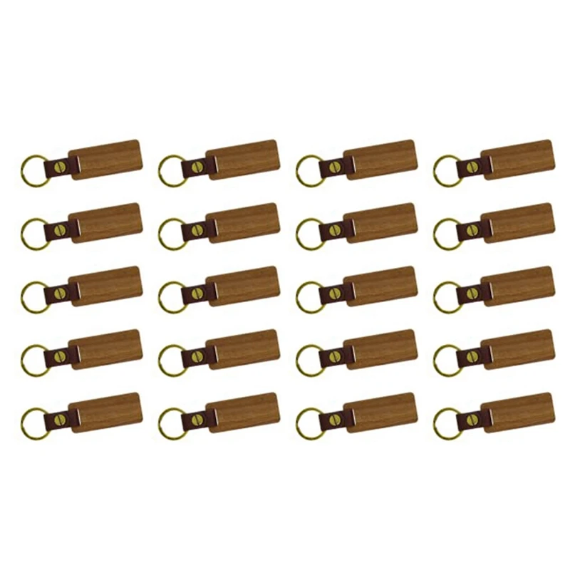 

20 PCS Unfinished Wood Keychain Blanks Rectangle Leather Keychain Blank Wooden Walnut With Keyring For DIY