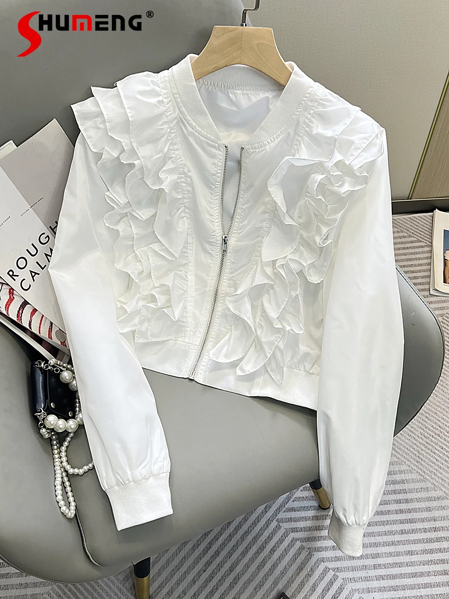 

Elegant Ruffled Stitching Zipper Cardigan Outerwear Solid Color Loose and Simple Cropped Jacket Fall 2022 New Baseball Uniform