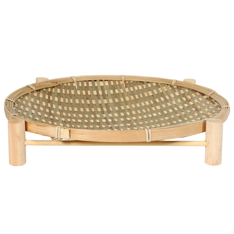 

3X Handmade Woven Bamboo Fruit Basket Food Bread Organizer Kitchen Storage Decorative Round Plate With Bracket
