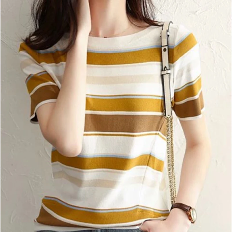 

Tee Shirt Femme Striped T Shirt For Women Clothes Short Sleeve O Neck Loose Thin Pullover Tshirts Female Knitted Top 2023 Summer