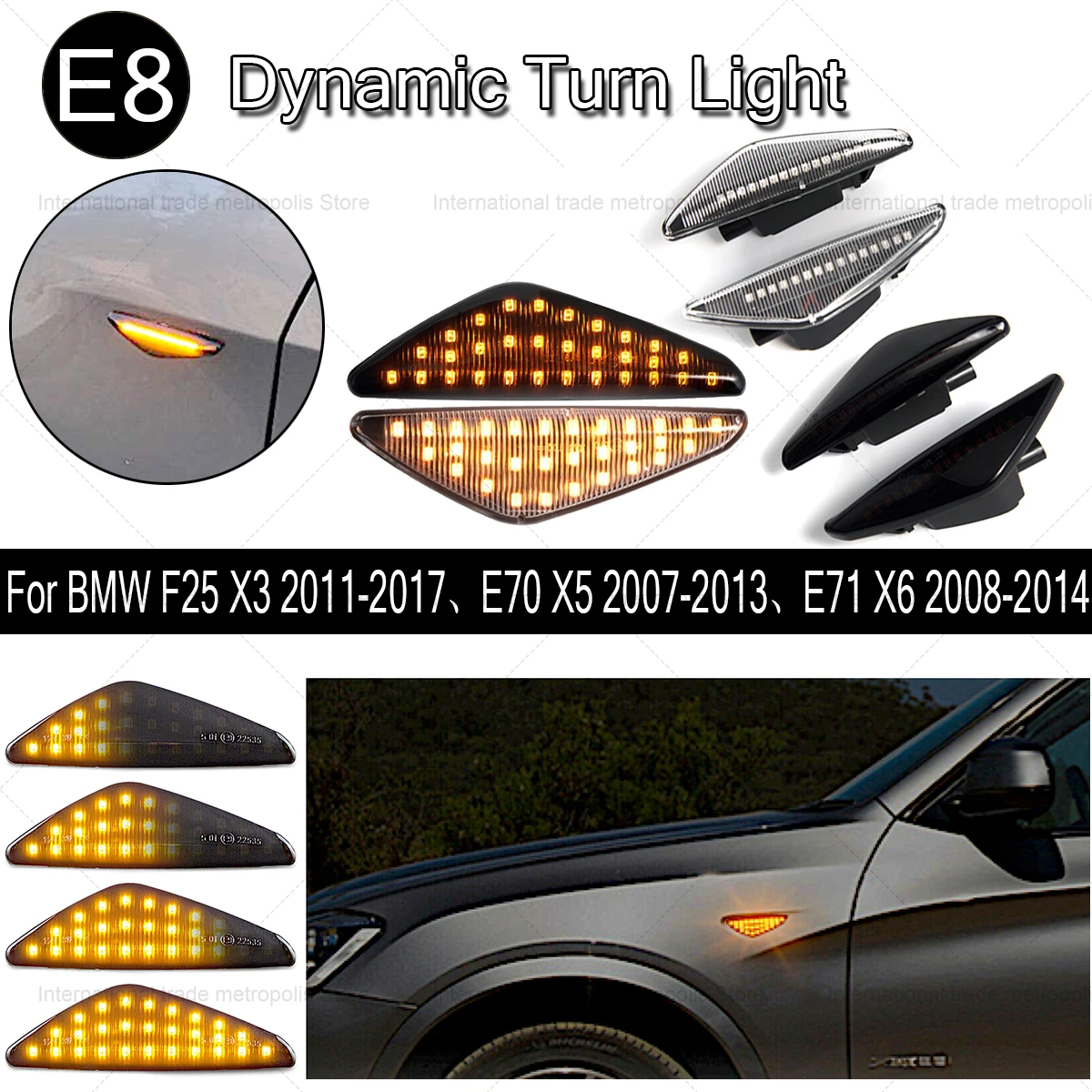 

2pcs Led Dynamic Side Marker Turn Signal Light Sequential Blinker Light For BMW X5 E70 X6 E71 E72 X3 F25 Amber Indicator Lamp