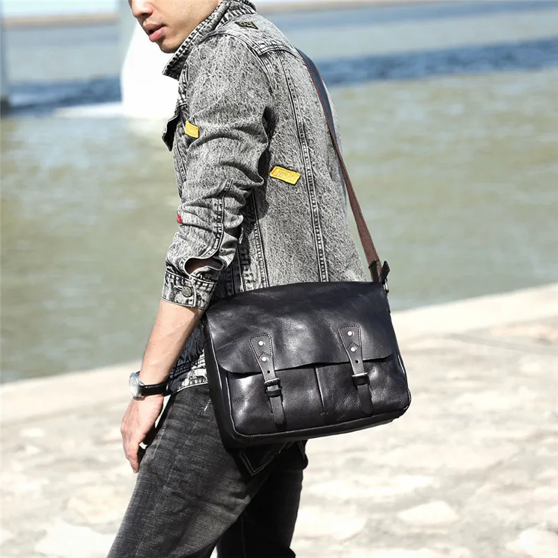 Simple casual first layer cowhide men's black messenger bag daily outdoor work weekend soft cowhide teens shoulder messenger bag