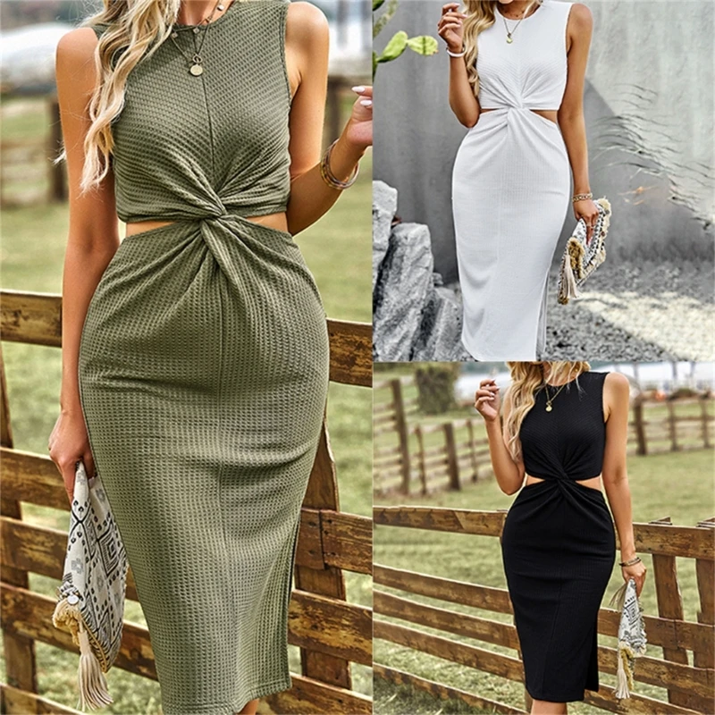 

F42F Women Sleeveless Waffle-Knit Cutout Twist Front Split Midi Long Bodycon Dress