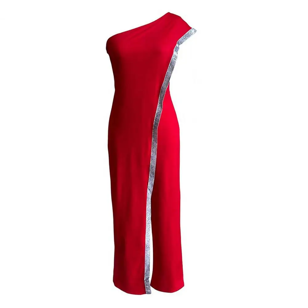2022 New One Shoulder Straight Wide Leg Women Jumpsuit Shiny Bar Patchwork Jumpsuit Ladies Outfit