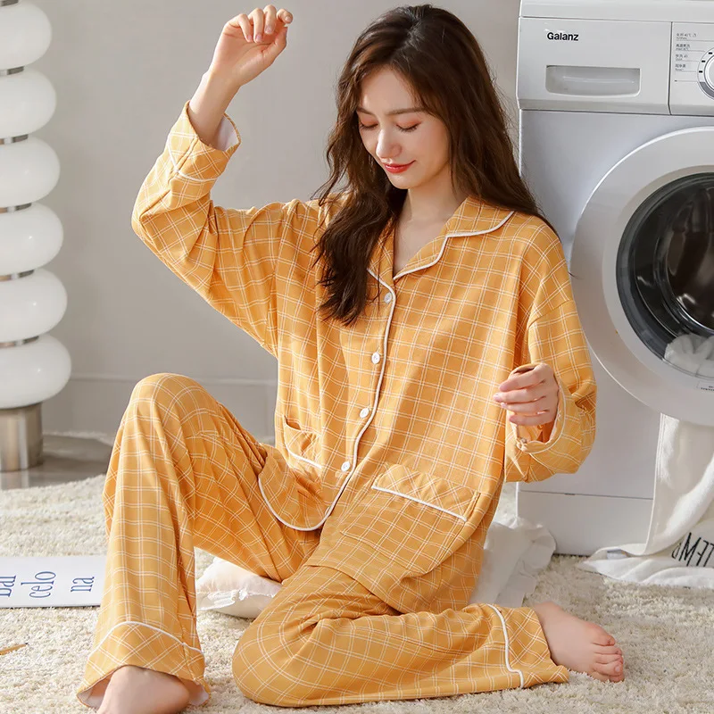 

Spring and Autumn Ladies Pajamas Set Cotton Long Sleeve Turn-down Collar Sleepwear Full Sleeve Tops +Long Pants Pjs Women Set