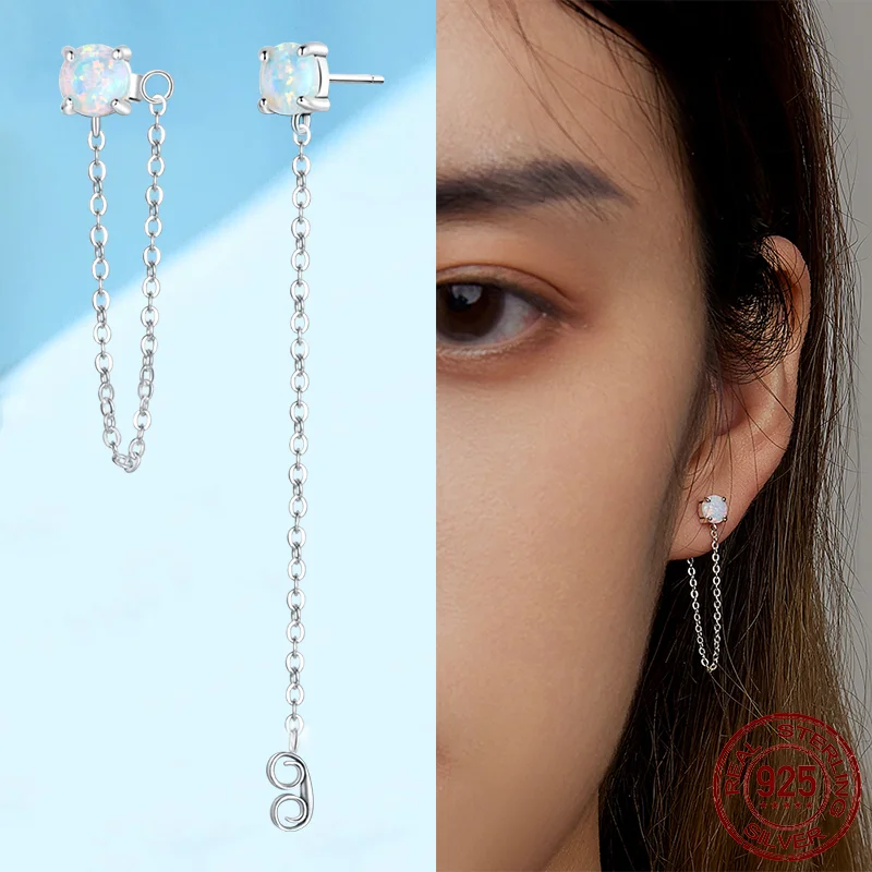 

WOSTU 925 Sterling Silver Fire Opal Round Stud Earrings For Women Double Studs Chain Tassel Piercing Earring Party Jewelry Gift