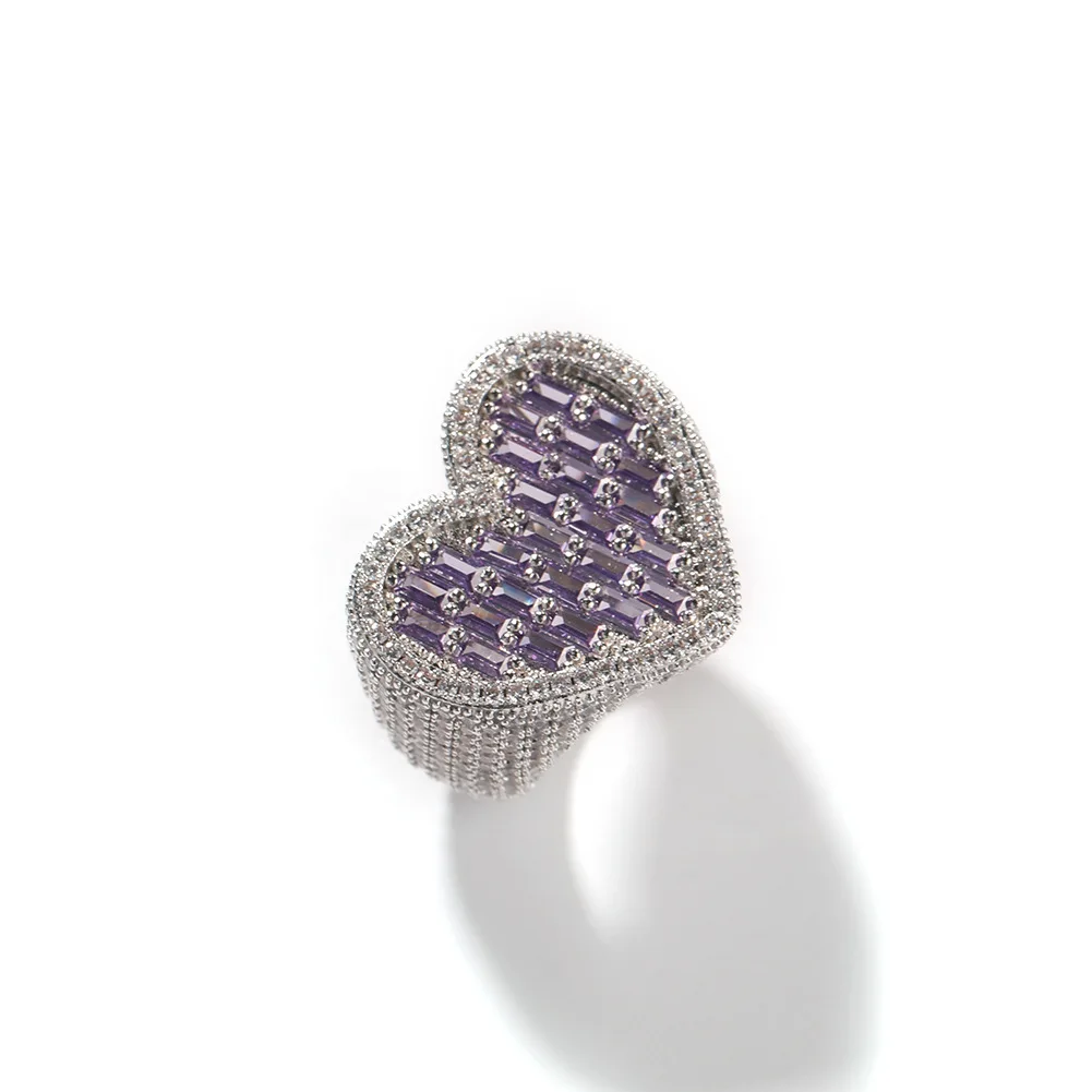 Фото Новое красочное полное сердце T CZ Style Bling Bling Iced Out Zircon Mirco Pave Prong Setting Латунное кольцо Хип-хоп Ювелирные изделия BR101 №5