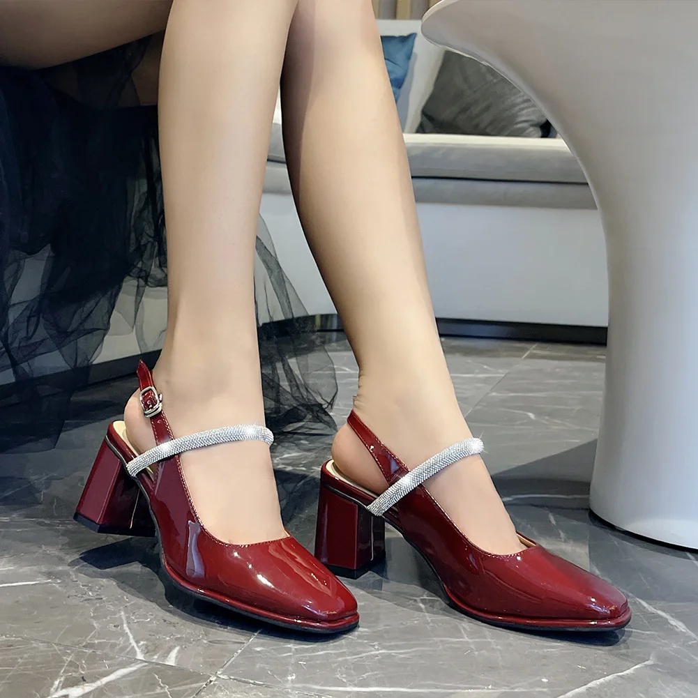 

Elegant Fashion Slingback Ladies Crystal Square Toe Cuban Heel Pump For Women 2023 Mary Jane Pump Sandal
