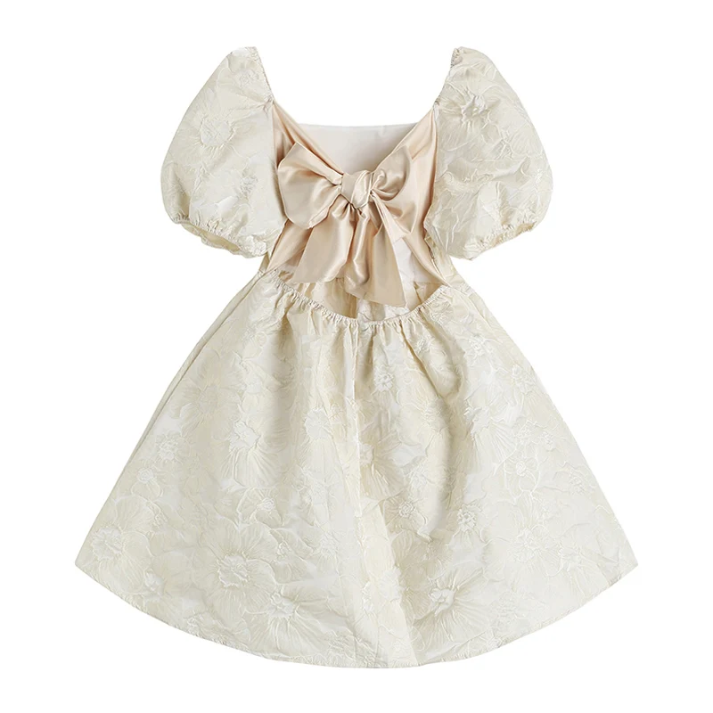 

2022 New Party Women French Ball Gown Puffy Dress Evening Bow Summer Sexy Puff Short Sleeve Backless Elegant High Waist Mini