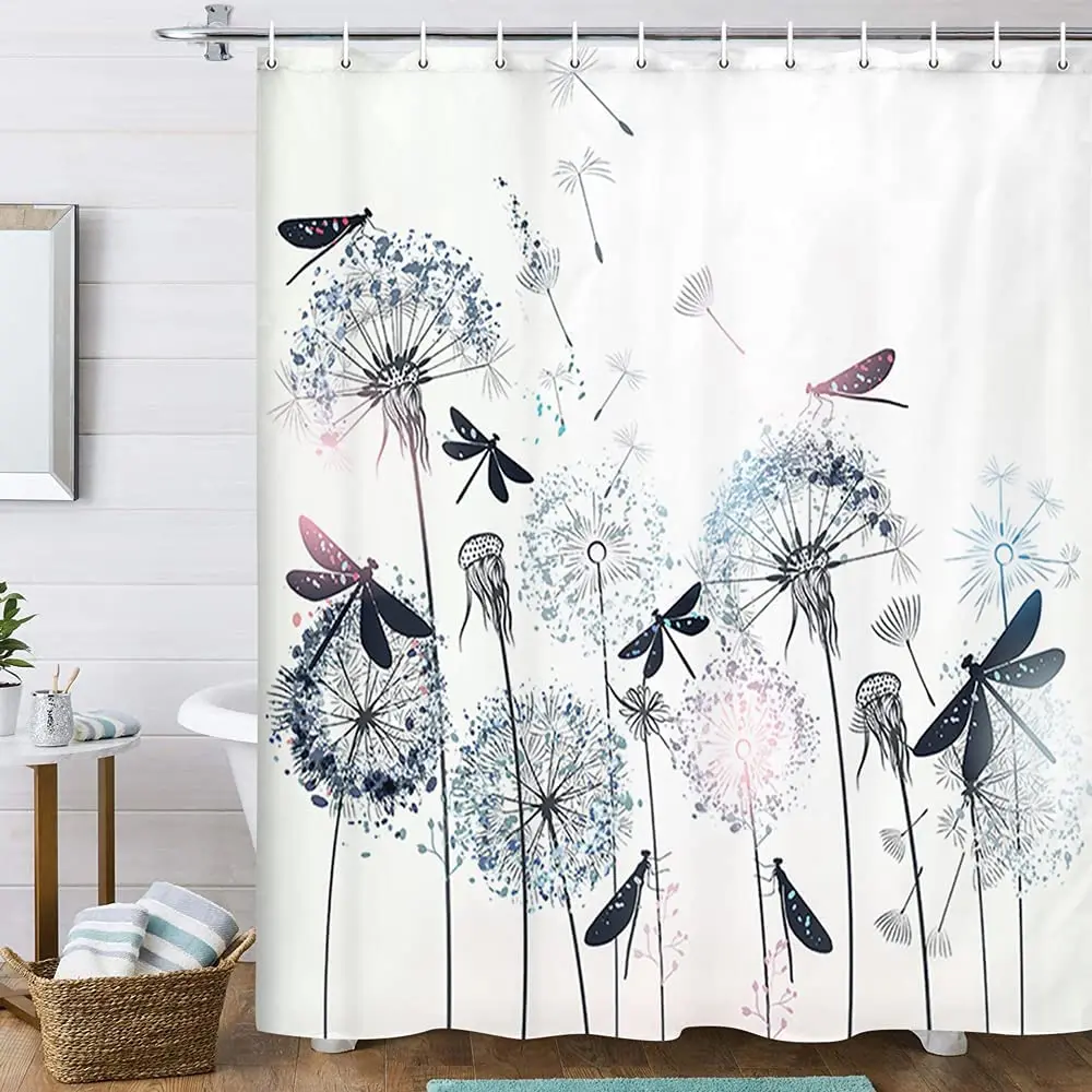 

Dandelions Dragonfly Shower Curtain Watercolor Flowers Plants Leaves Butterfly Bath Curtains Fabric Bathroom Decor with Hooks