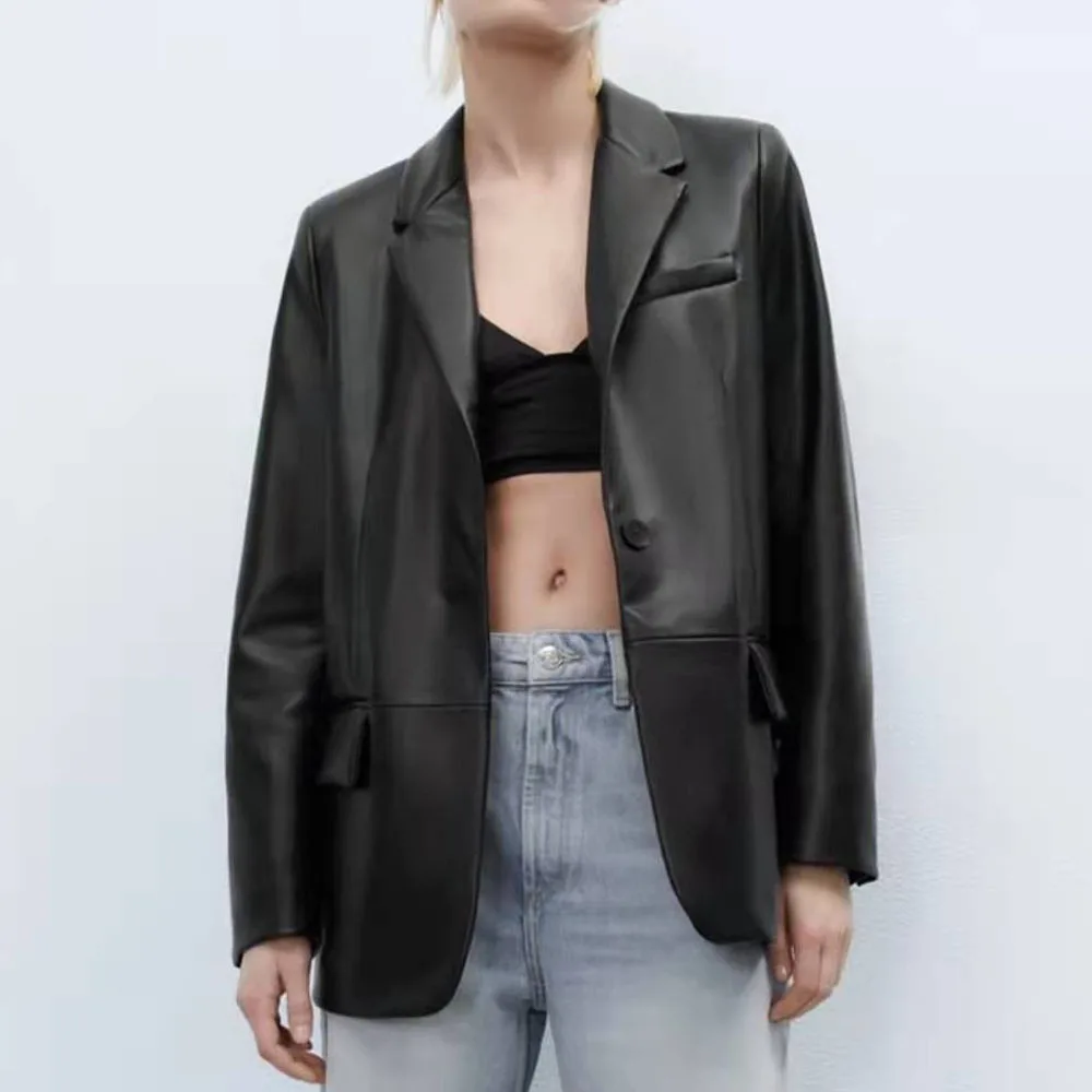 

Новинка 2022, Кожаный Блейзер, Женская осенне-Весенняя модная мотоциклетная куртка из искусственной кожи с завышенной талией, уличные куртки