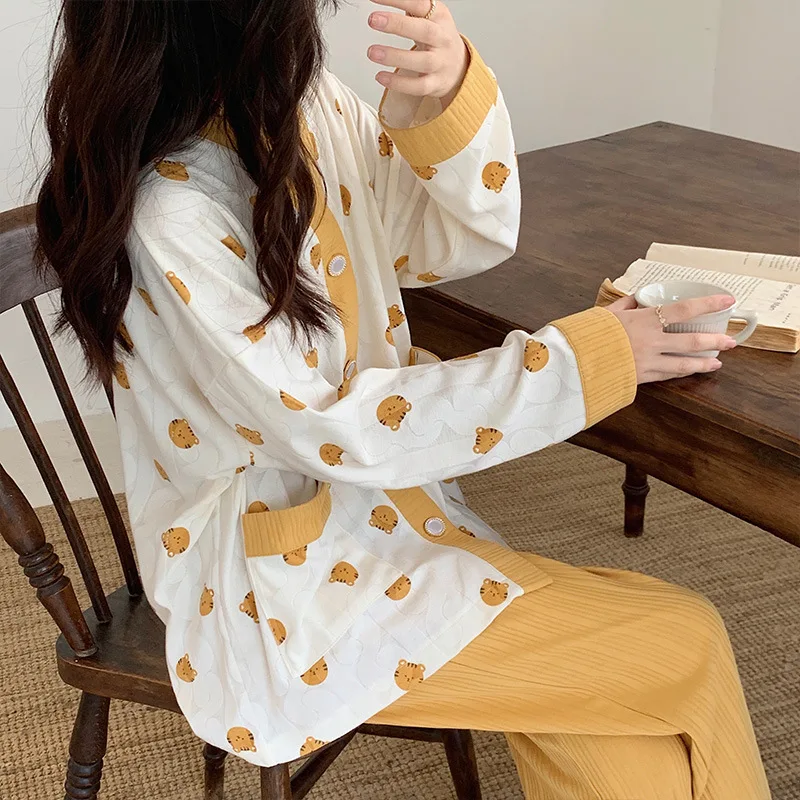 Yasuk Spring Autuum Fashion Women's Casual Sleepwear Homewear Lovely Sweet Girl Pajamas With Pants Soft Simple Tiger