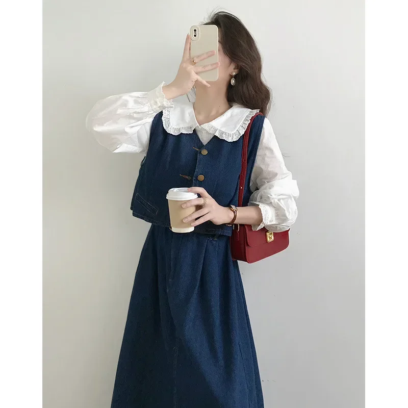 BluedenimVestDress Three-Piece Set Women's Spring Tea Style Matching Outfits Korean Drama Tweed Suits