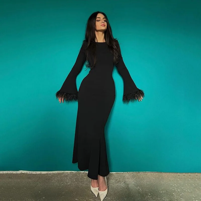 Solid Feather Sleeve Dress Women Elegant O-Neck Hip Wrap Long Skirt 2022 Autumn Ladies Fashion Slim Party Club Dresses