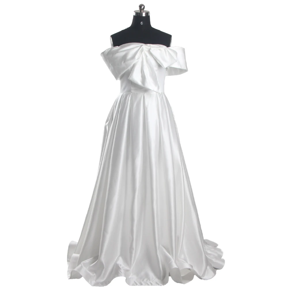 

Evening Dresses White Shiny Satin Off the Shoulder Bow Lace up A-line Pleat Floor Length Plus size Simple Lady Party Dress B1950